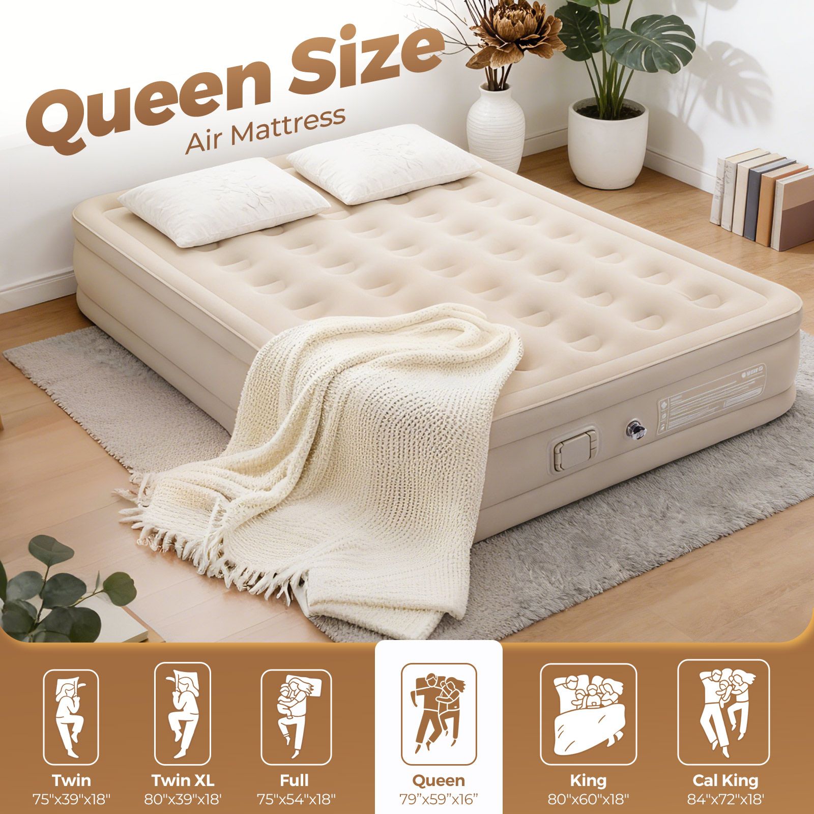 Queen Air Bed Mattress Inflatable Blow Up Camping Sleeping Mat with Built-in Electric Pump 200x150x40cm 295kg Comfortable Portable for Home Guest Room