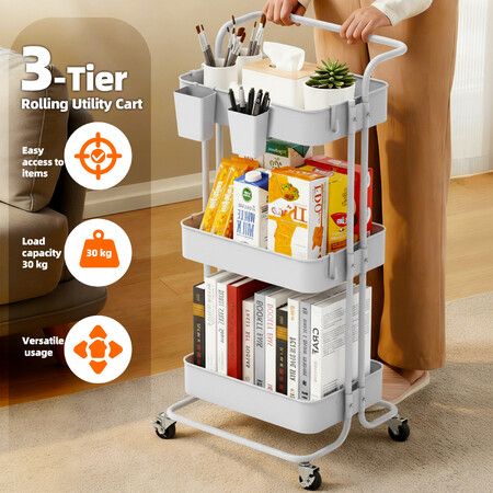 3 Tier Cart Trolley Utility Tools Storage Rack Shelves Organiser Metal Hand Trolly Kitchen Laundry Bathroom Salon Craft Makeup Rolling Lockable Wheels