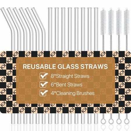 18-Pack Glass Straws,Reusable Clear Glass Drinking Straws Set, 8.5 Inch x 10mm - Includes 8 Straight and 6 Bent with 4 Straw Cleaner Brush