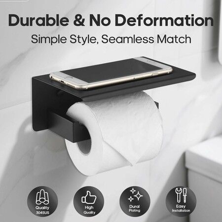 Extra-Large Toilet Paper Holder with Phone Shelf, Wall Mounted 304 Stainless Steel Bathroom Organiser for Drill-Free or Screw-in Installation (Black)
