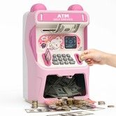 ATM Piggy Bank with Automatic Bill Roller,Electronic Coin Bank with Simulated Card Slot & Facial Recognition,ATM Money Saving Box Toys for Kids(Pink)