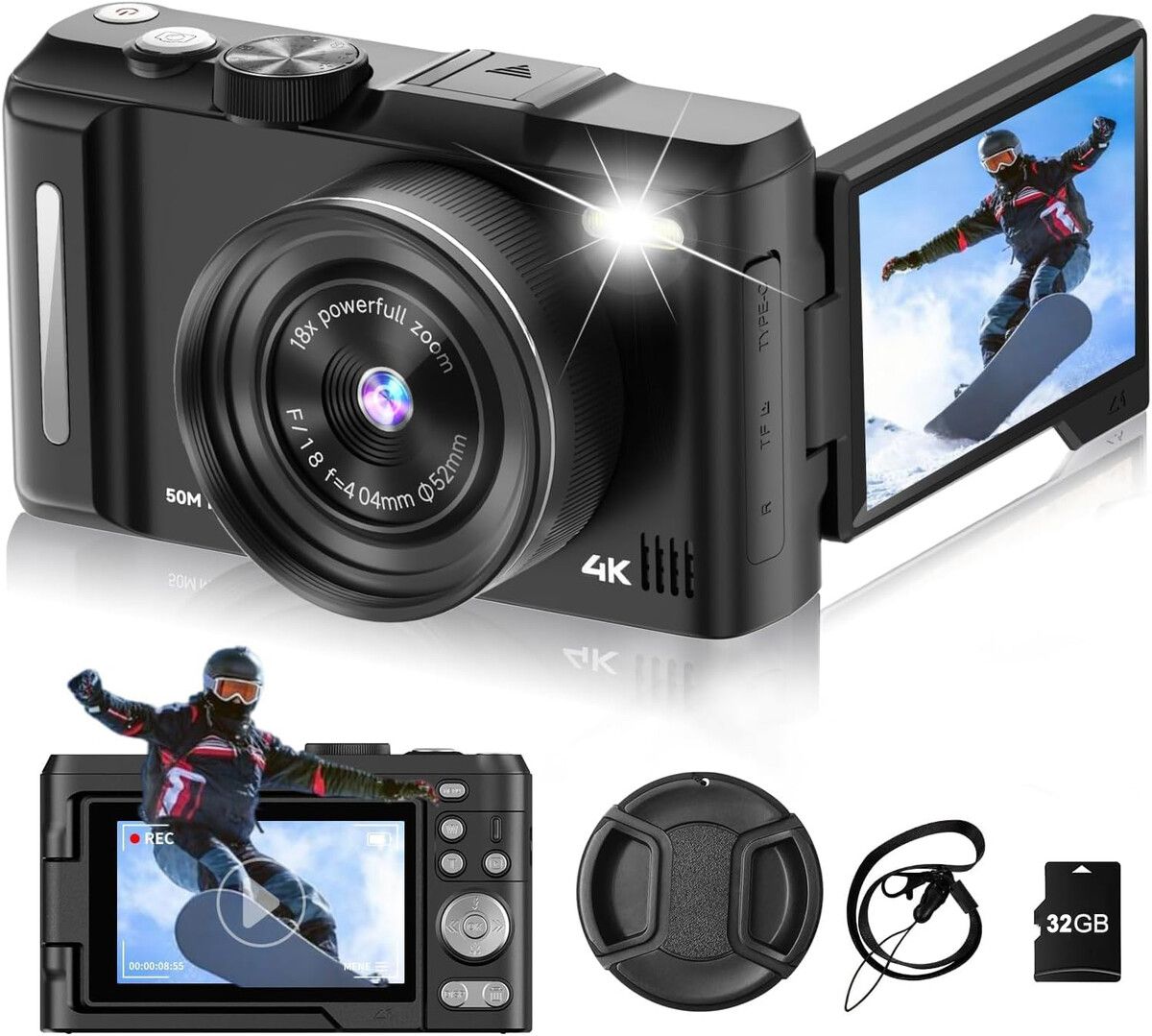 Digital Camera 4K for Photography,50MP Vlogging Camera with Flash and ...