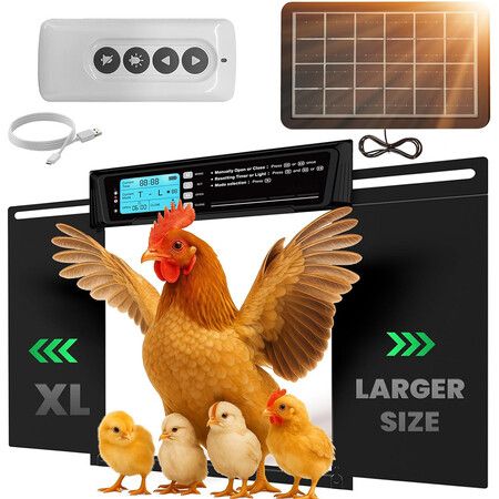 Large Automatic Chicken Coop Door Solar Powered with Remote, LCD Display, Light Sensor, Timer and Anti-Pinch Function, 11.3 inch x 8.7 inch Door Opening