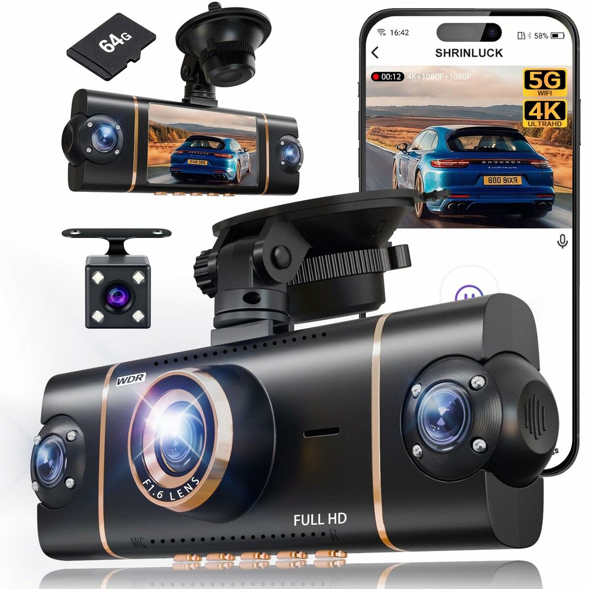 4 Channel 360 Degree Dash Cam Front Rear Inside & Left Right,4K+1080P*3 FHD Car Camera,8 IR Lamps Night Vision,Includes 64GB SD Card