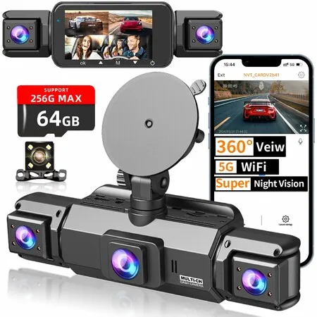 4 Channel Dash Cam Front and Rear Cabin,Night Vision 8 IR Lamps Dash Camera,5G WiFi,G-Sensor,24H/7 Parking Mode with 64GB Card,Support 256 GB Max