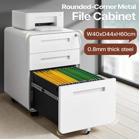 Mobile Steel File Cabinet Office Filing Storage Document Organiser 3 Drawer Home Cupboard Metal Lockable Letter Legal A4 Hanging Files Printer Stand