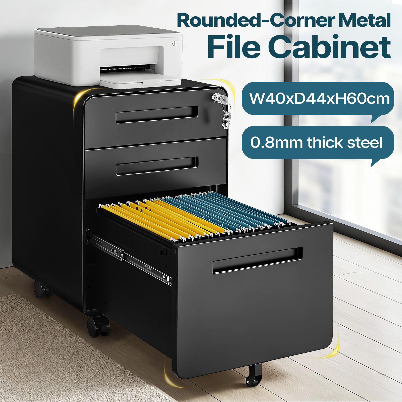3 Drawer File Cabinet Mobile Steel Office Storage Organiser Black Home Locking Filing Vertical Cupboard Unit Letter Legal A4 Documents Printer Stand
