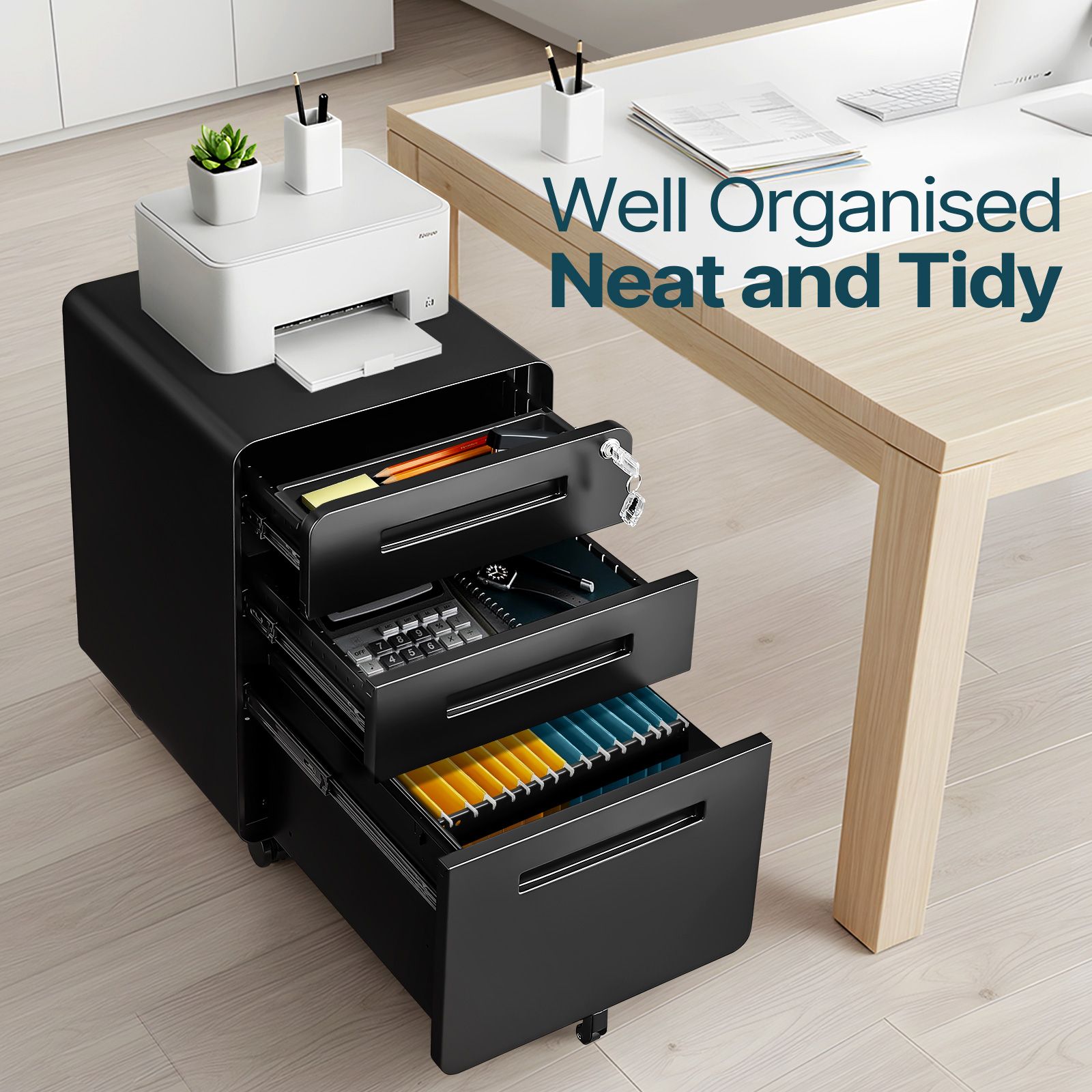 3 Drawer File Cabinet Mobile Steel Office Storage Organiser Black Home Locking Filing Vertical Cupboard Unit Letter Legal A4 Documents Printer Stand