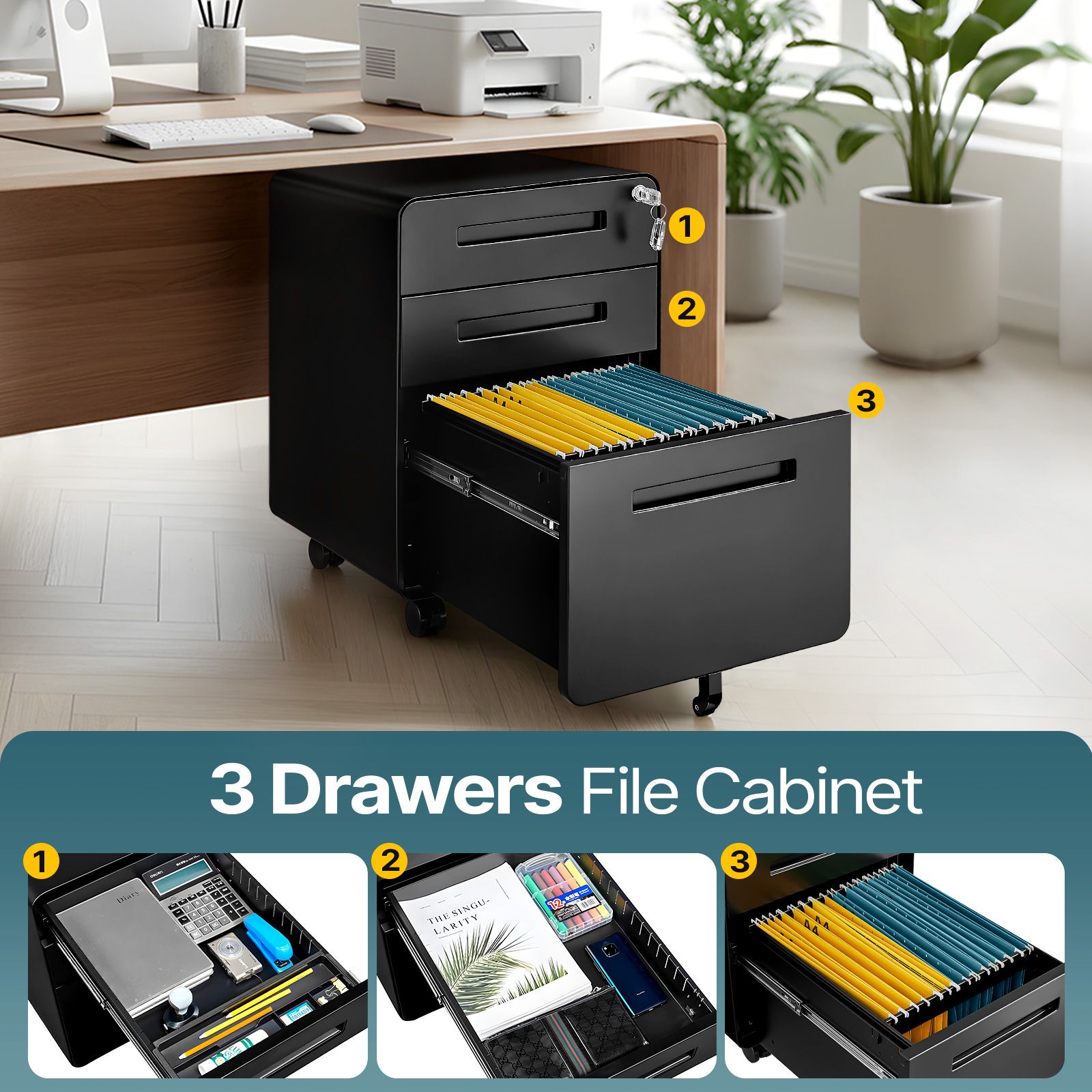 3 Drawer File Cabinet Mobile Steel Office Storage Organiser Black Home Locking Filing Vertical Cupboard Unit Letter Legal A4 Documents Printer Stand