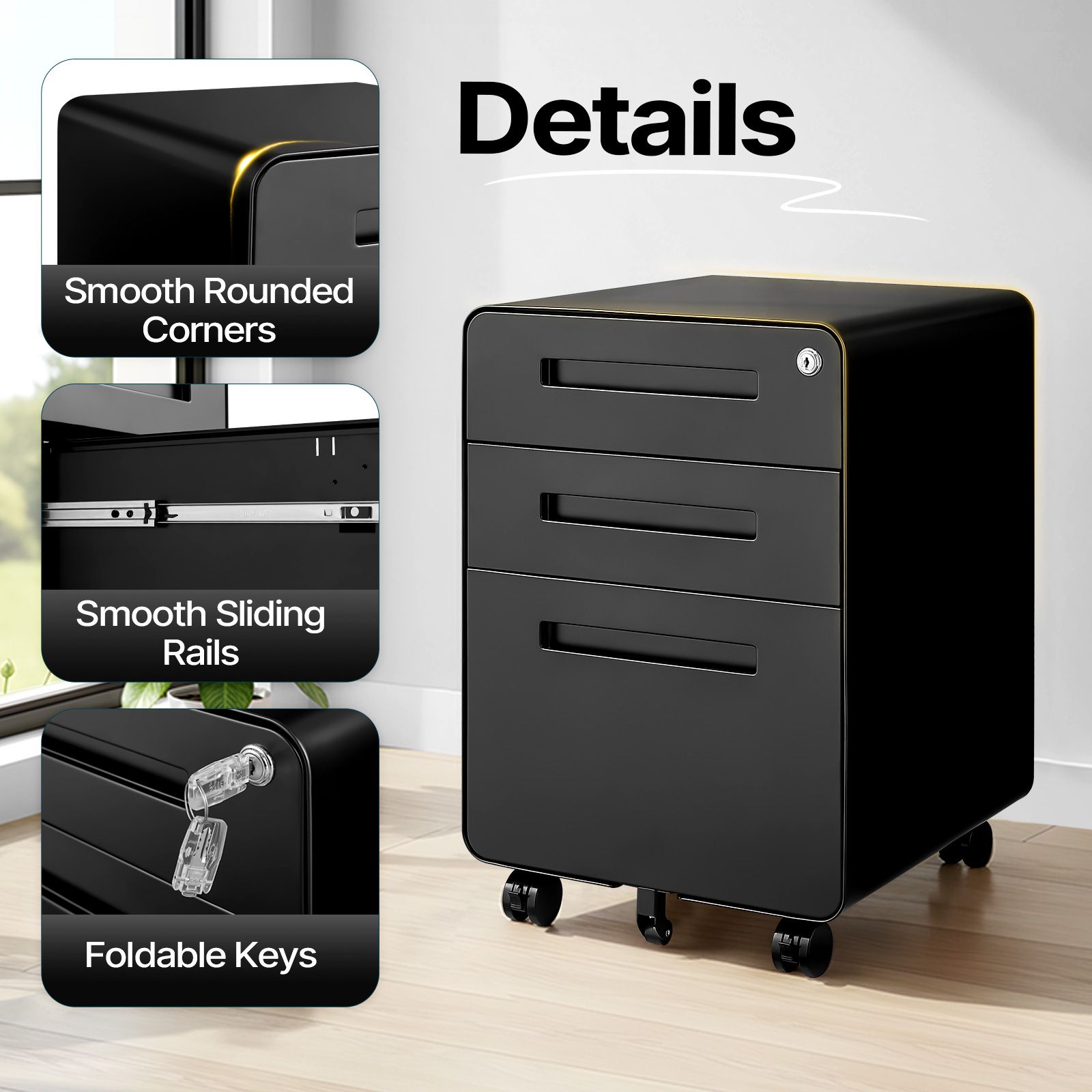 3 Drawer File Cabinet Mobile Steel Office Storage Organiser Black Home Locking Filing Vertical Cupboard Unit Letter Legal A4 Documents Printer Stand