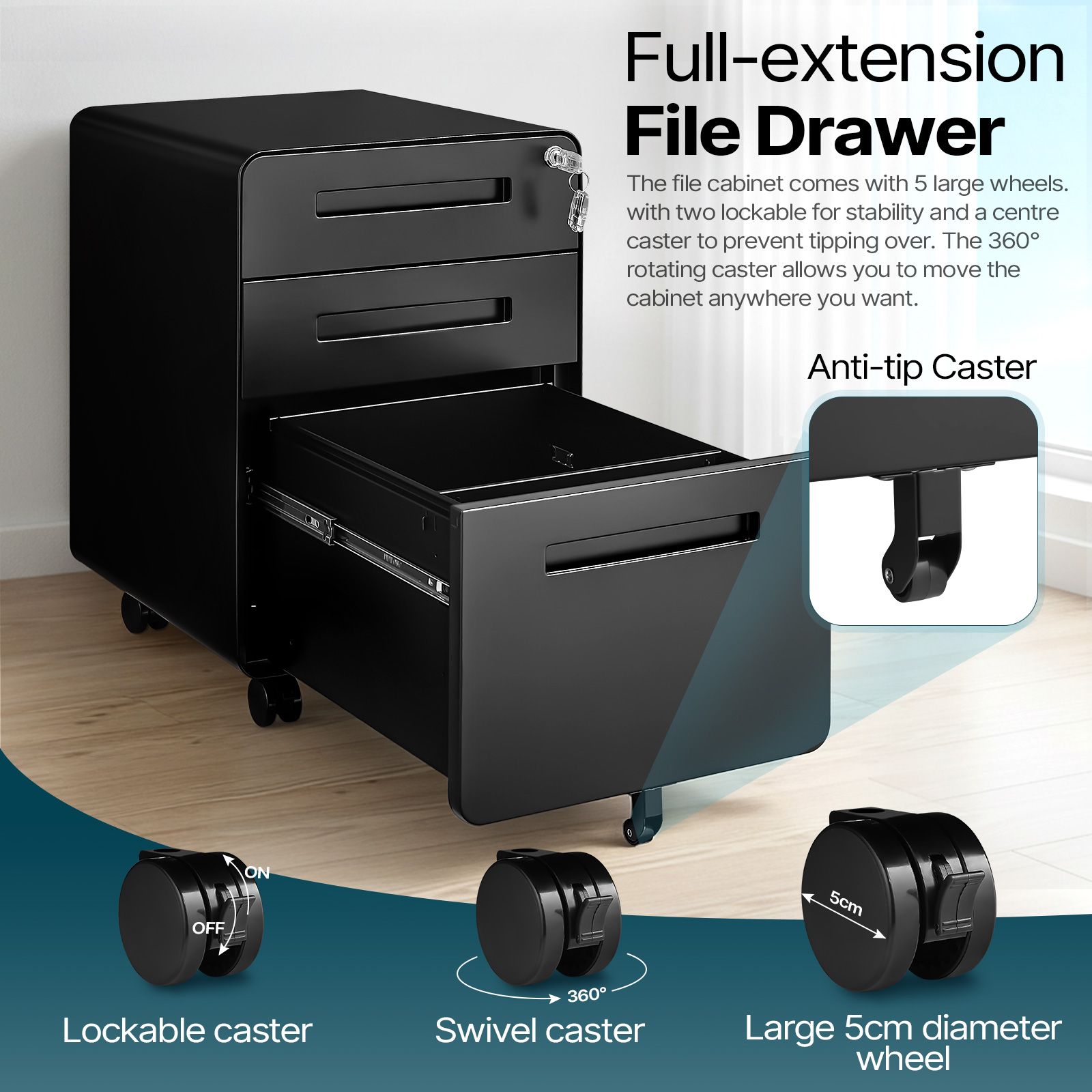 3 Drawer File Cabinet Mobile Steel Office Storage Organiser Black Home Locking Filing Vertical Cupboard Unit Letter Legal A4 Documents Printer Stand