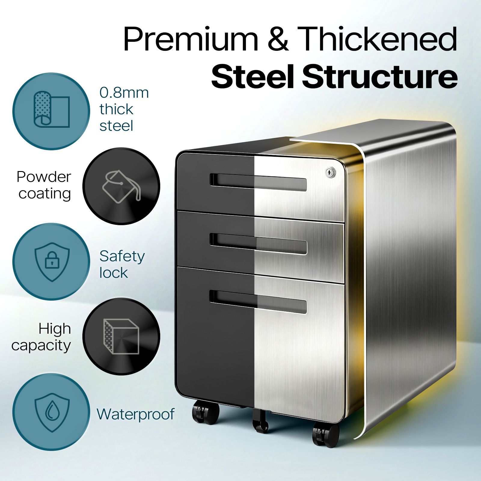 3 Drawer File Cabinet Mobile Steel Office Storage Organiser Black Home Locking Filing Vertical Cupboard Unit Letter Legal A4 Documents Printer Stand