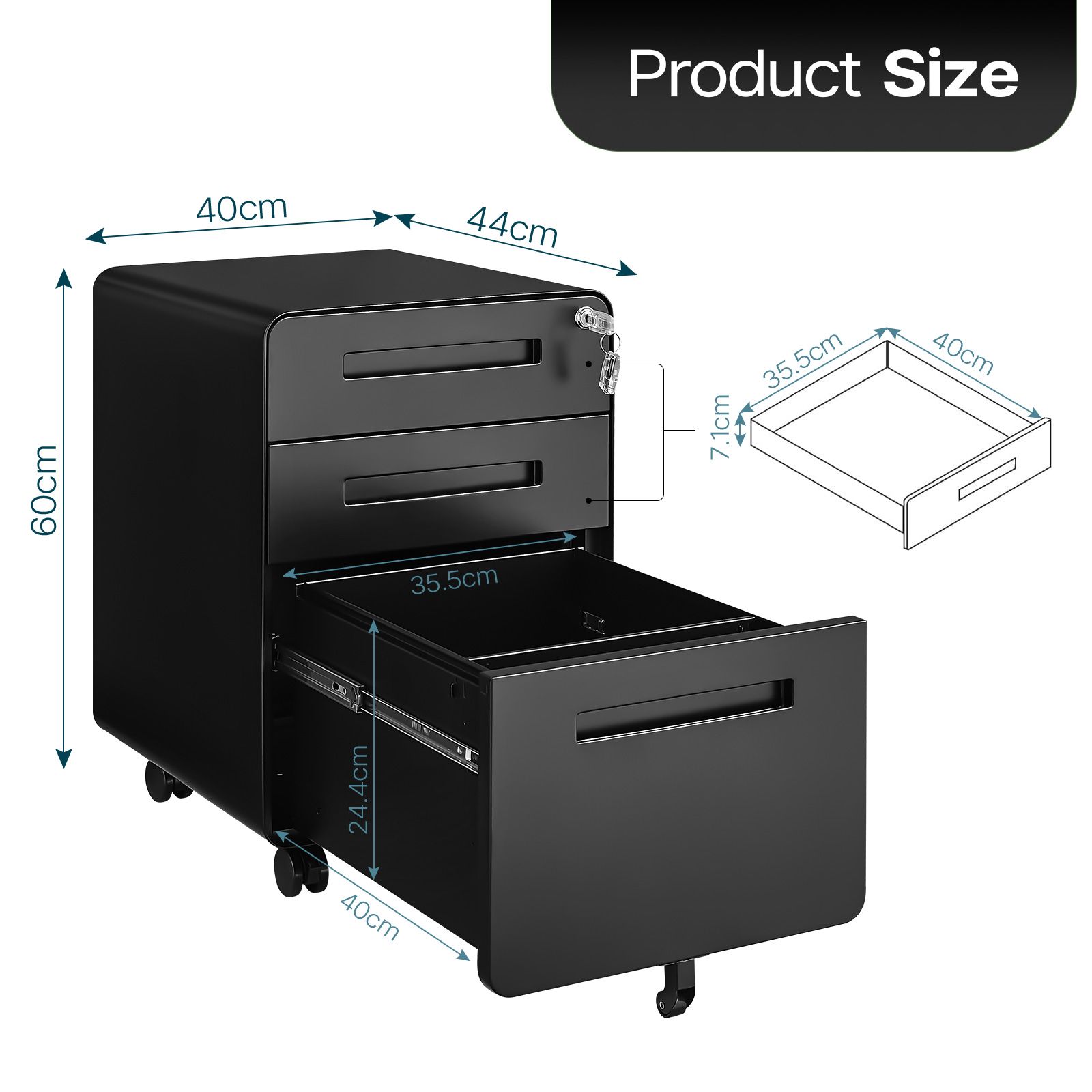 3 Drawer File Cabinet Mobile Steel Office Storage Organiser Black Home Locking Filing Vertical Cupboard Unit Letter Legal A4 Documents Printer Stand