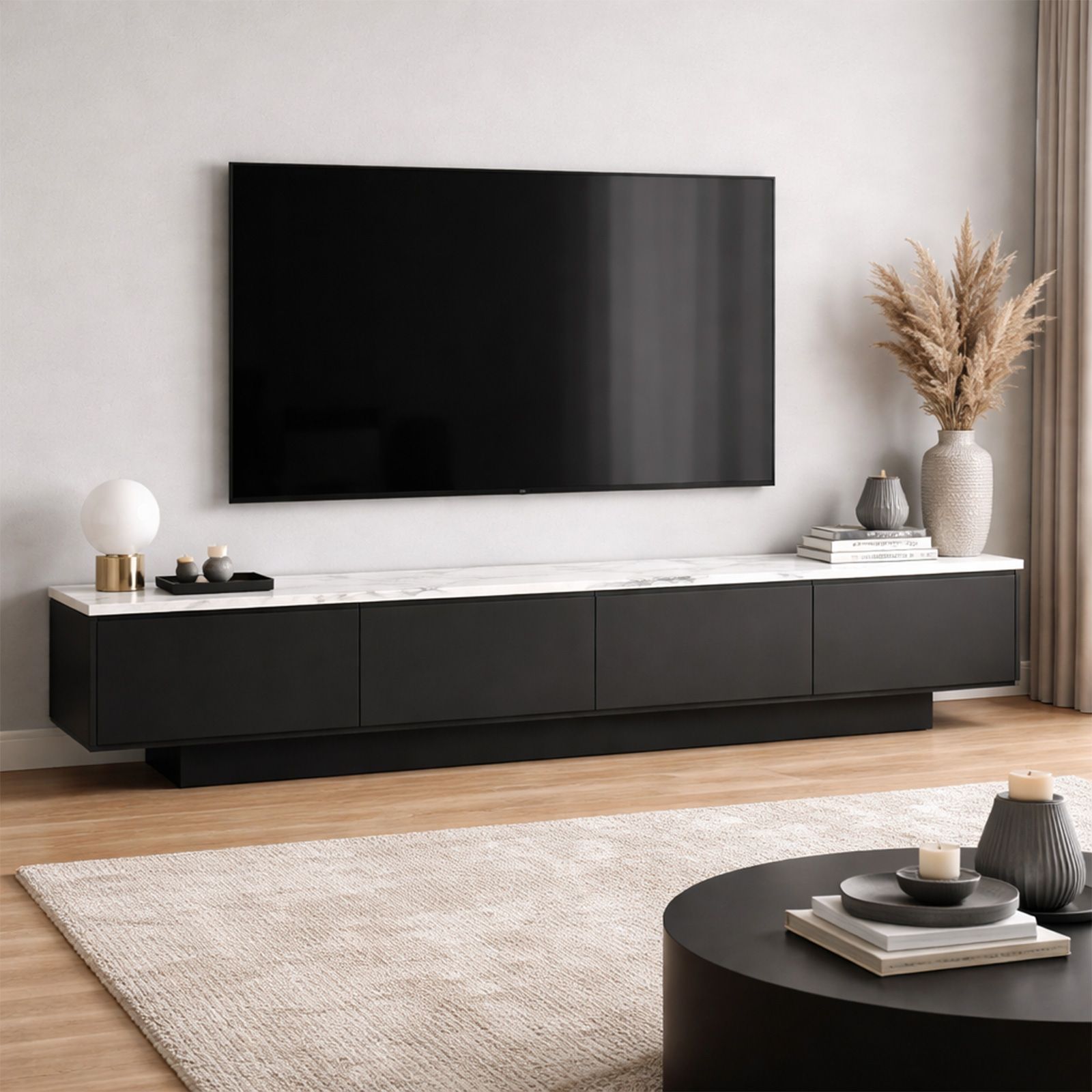 TV Cabinet Stand Unit Console Table Bench 180cm Entertainment Center Media Player Storage Drawers Cupboard Wood Furniture Gloss Marble Effect Tabletop