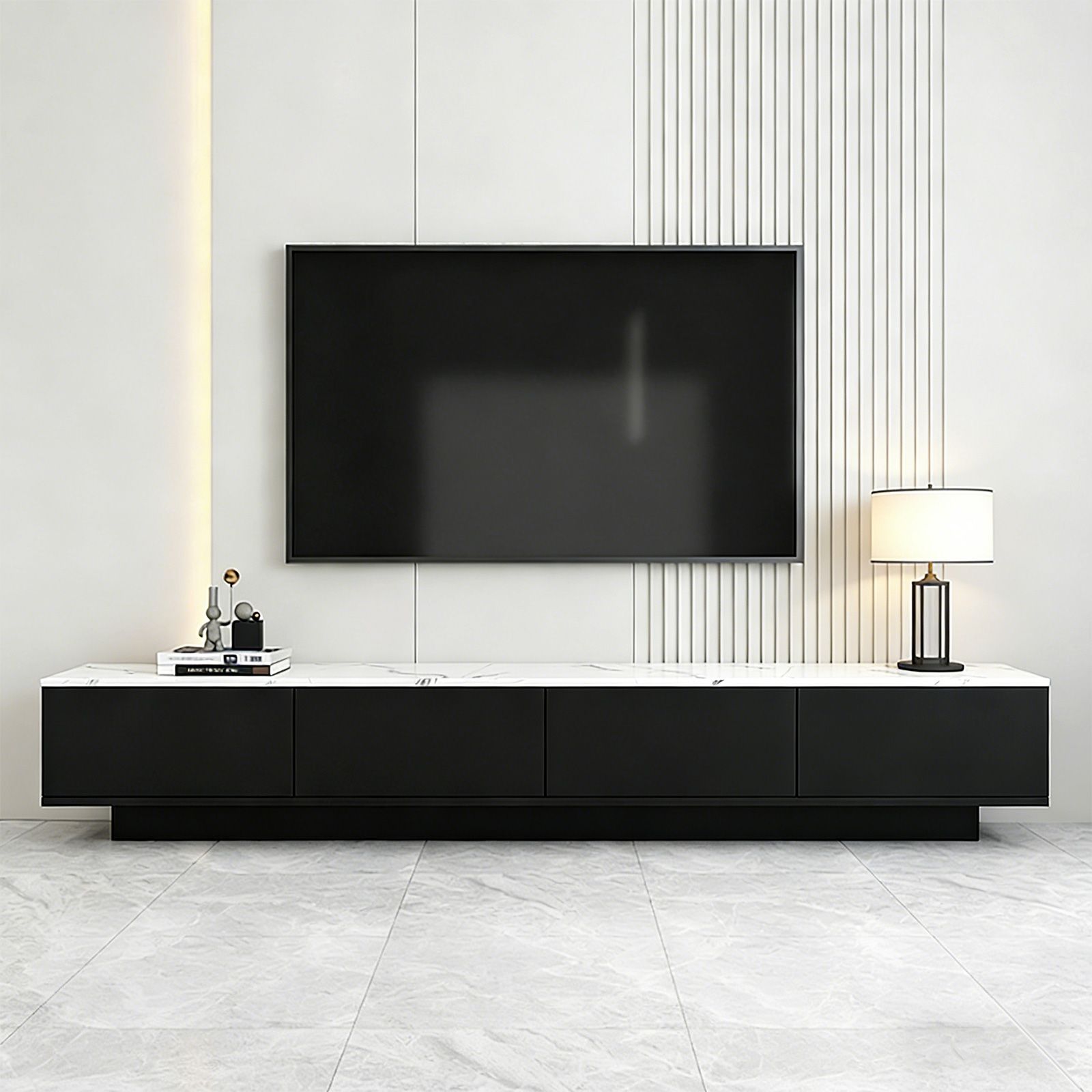 TV Cabinet Stand Unit Console Table Bench 180cm Entertainment Center Media Player Storage Drawers Cupboard Wood Furniture Gloss Marble Effect Tabletop
