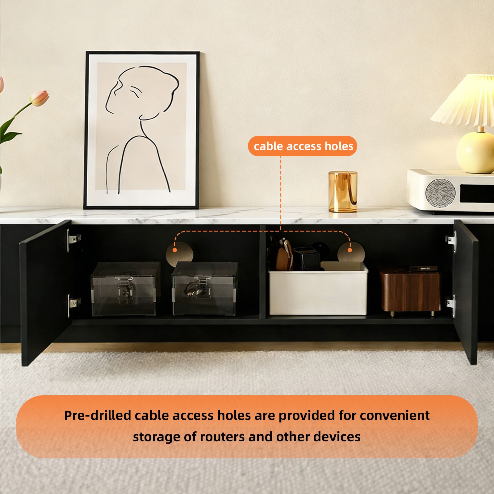 TV Cabinet Stand Unit Console Table Bench 180cm Entertainment Center Media Player Storage Drawers Cupboard Wood Furniture Gloss Marble Effect Tabletop