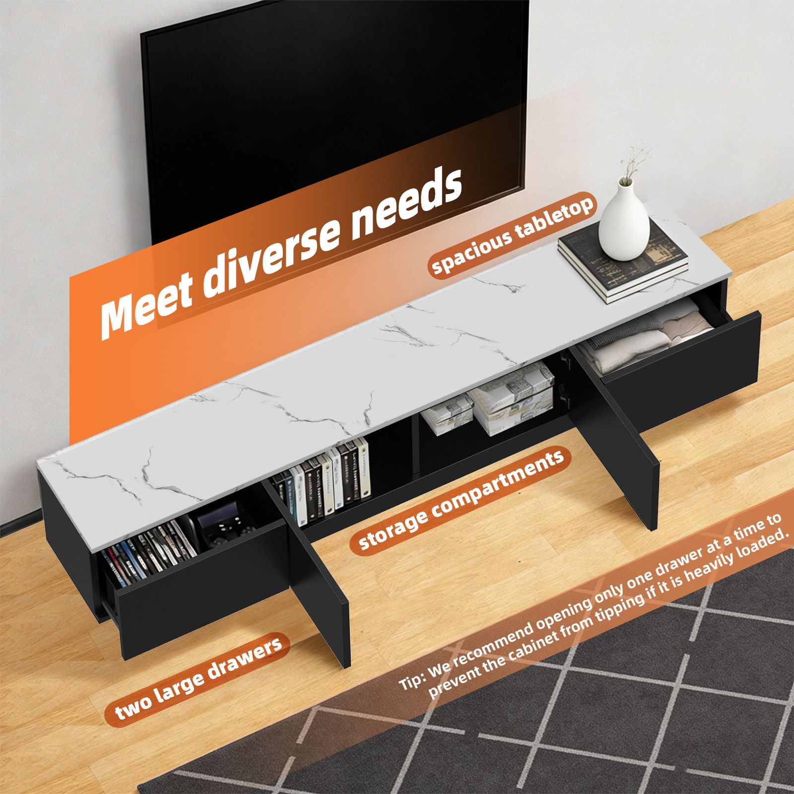 TV Cabinet Stand Unit Console Table Bench 180cm Entertainment Center Media Player Storage Drawers Cupboard Wood Furniture Gloss Marble Effect Tabletop