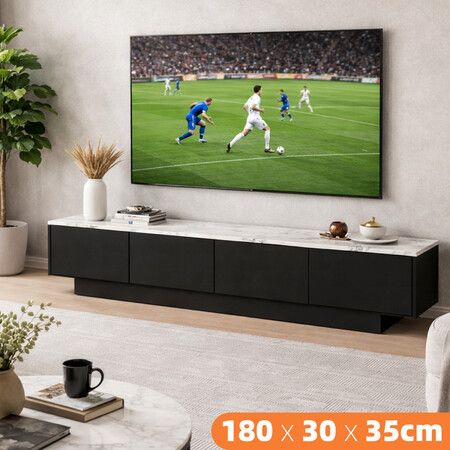 TV Cabinet Stand Unit Console Table Bench 180cm Entertainment Center Media Player Storage Drawers Cupboard Wood Furniture Gloss Marble Effect Tabletop