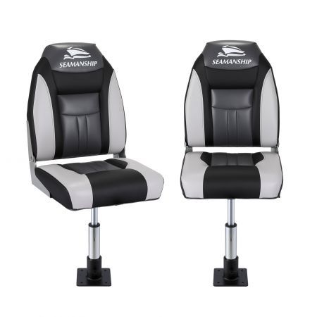 Seamanship 2X Folding Boat Seats with 2X Adjustable Pedestals 34鈥?6cm Marine Seat Swivel High Back 12cm Padding Black