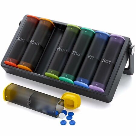 Weekly Pill Box 7 Day 2 Times a Day,Travel Pill Organiser Am Pm,Daily Tablet Organiser Dispenser,Portable Medication Organizer,Large Holder Container-Black