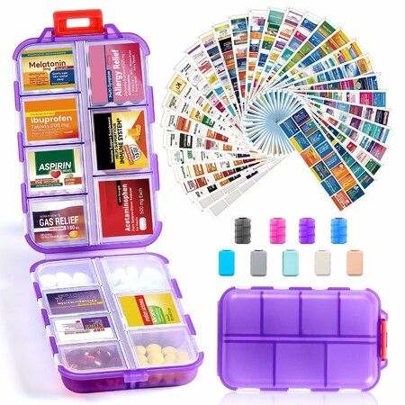 14 Grids Travel Pill Organizer Box with 415-Pcs Medicine Name Labels,Pocket Daily Pharmacy Case Container,Travel Medication Holder Dispenser Kit,Purple