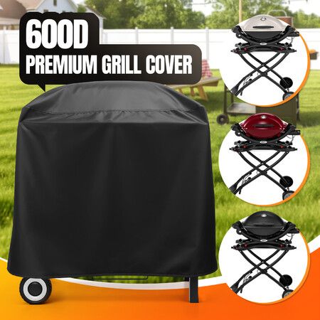 Grill Cover for Weber Q Series Grill on Cart - 7113 BBQ Cover for Q2000/Q200/Q1000/Q100 with Portable Stand, 600D Heavy Duty & Waterproof BBQ Cover for Web