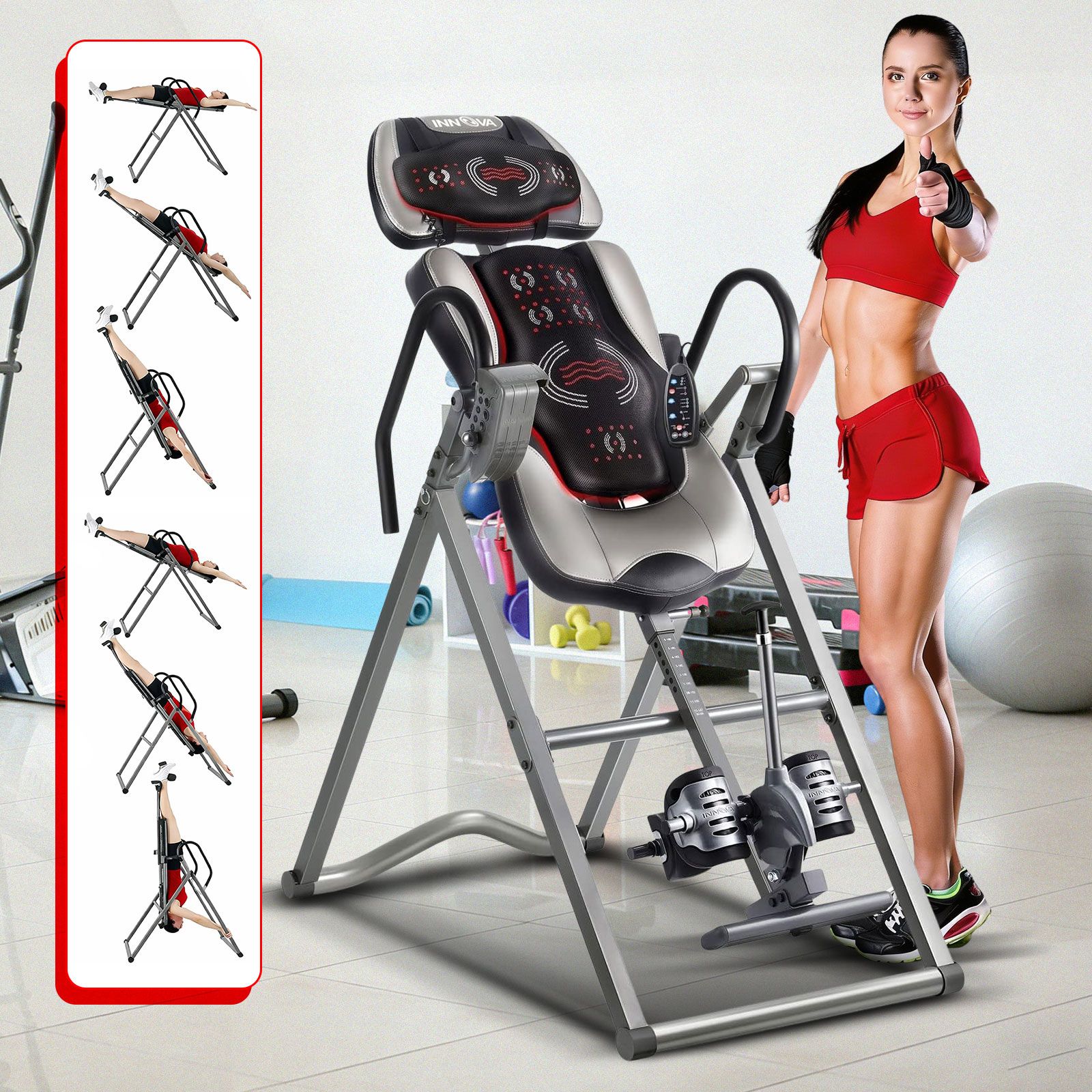 Heated Massage Inversion Table Gravity Exercise Bench Home Gym Fitness Workout Machine Hang Upside Down Lower Back Stretcher Inverter Equipment