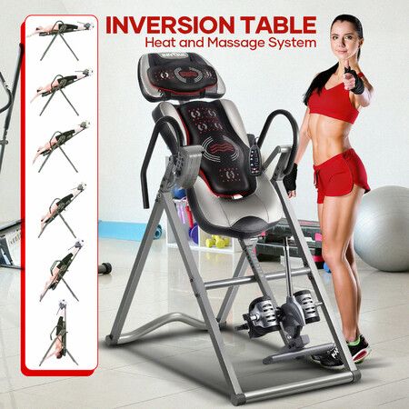 Heated Massage Inversion Table Gravity Exercise Bench Home Gym Fitness Workout Machine Hang Upside Down Lower Back Stretcher Inverter Equipment