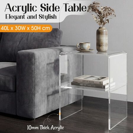 Clear Acrylic Bedside Table 2-Tier Transparent Nightstand Modern Minimalist Lucite End 10mm Thick U-Shape Display Shelf for Bedroom Living Room Office