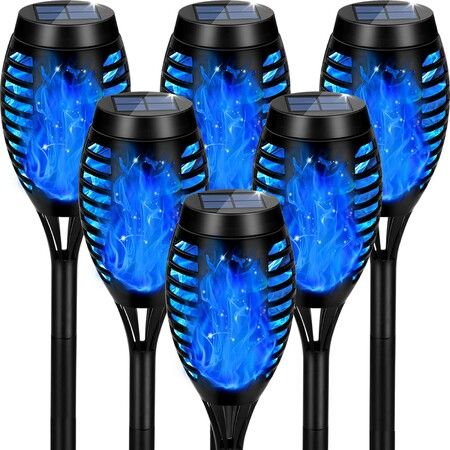 6 Pack Solar Torch Light with Flickering Flame Waterproof for Garden Decor,Blue Flame Torches for Outside Landscape Porch Yard Pathway Decorations