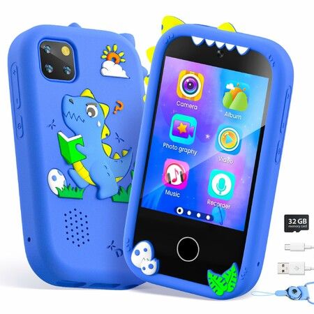 Kids Smart Phone with Dual Camera, 2.8Inch Touchscreen Music Learning Educational & 32GB Card, Christmas Birthday Gift for Kids Blue