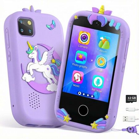Kids Smart Phone with Dual Camera, 2.8Inch Touchscreen Music Learning Educational & 32GB Card, Christmas Birthday Gift for Kids Purple
