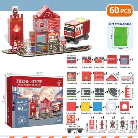 60PCS 7.5CM Magnetic Tiles Window Color Fire Theme  Large Size Building Blocks Educational Toys Boys Girls Birthday Gift