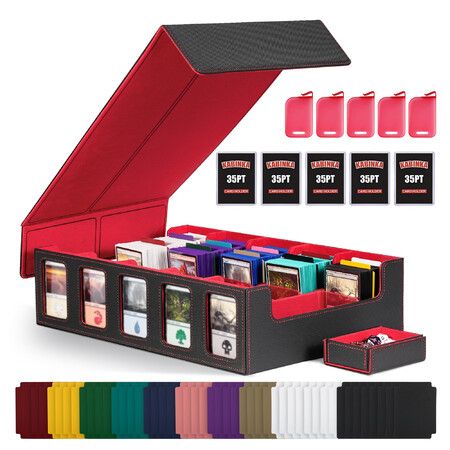 Trading Card Storage Box with Commander Display 5-Row Deck Case with Removable Lid 3900+ Card Deck Box for MTG TCG Card,5 Top Loaders,5 Stoppers(Red)