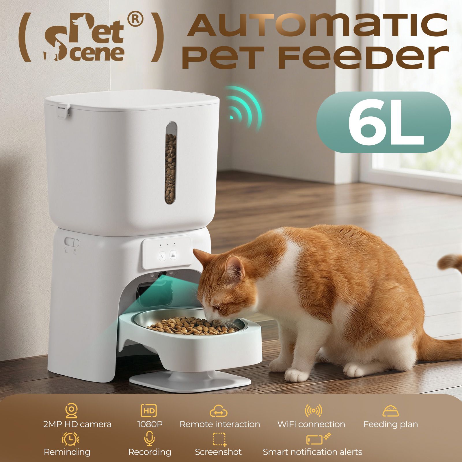 Automatic Pet Feeder 6L WiFi Auto Dog Cat Food Dispenser 1080P HD Video Camera Smart App Control 10 Meals Timed Feeding Station Bowl Voice Recorder