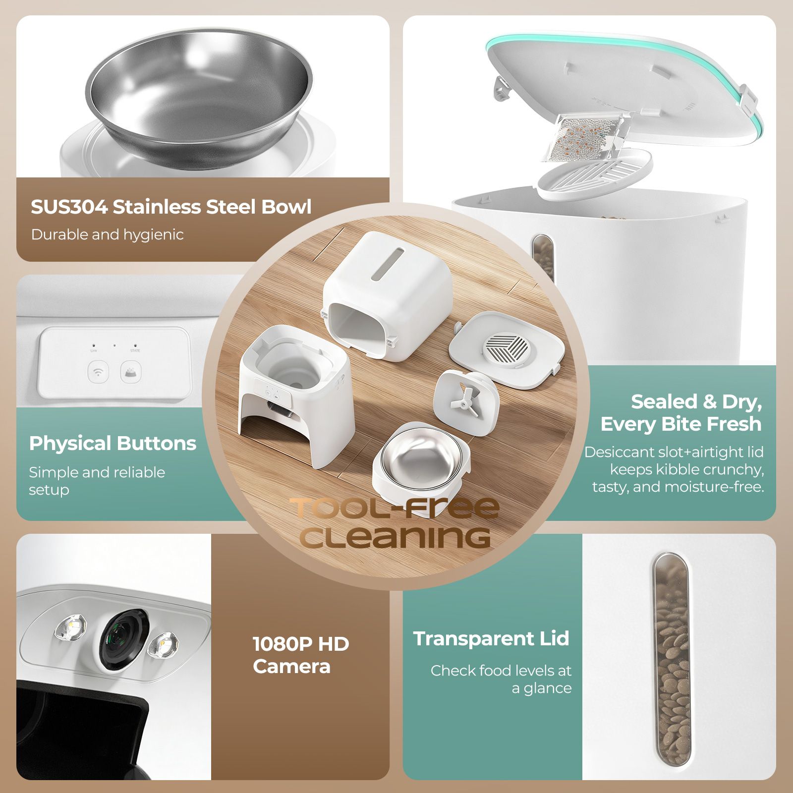 Automatic Pet Feeder 6L WiFi Auto Dog Cat Food Dispenser 1080P HD Video Camera Smart App Control 10 Meals Timed Feeding Station Bowl Voice Recorder