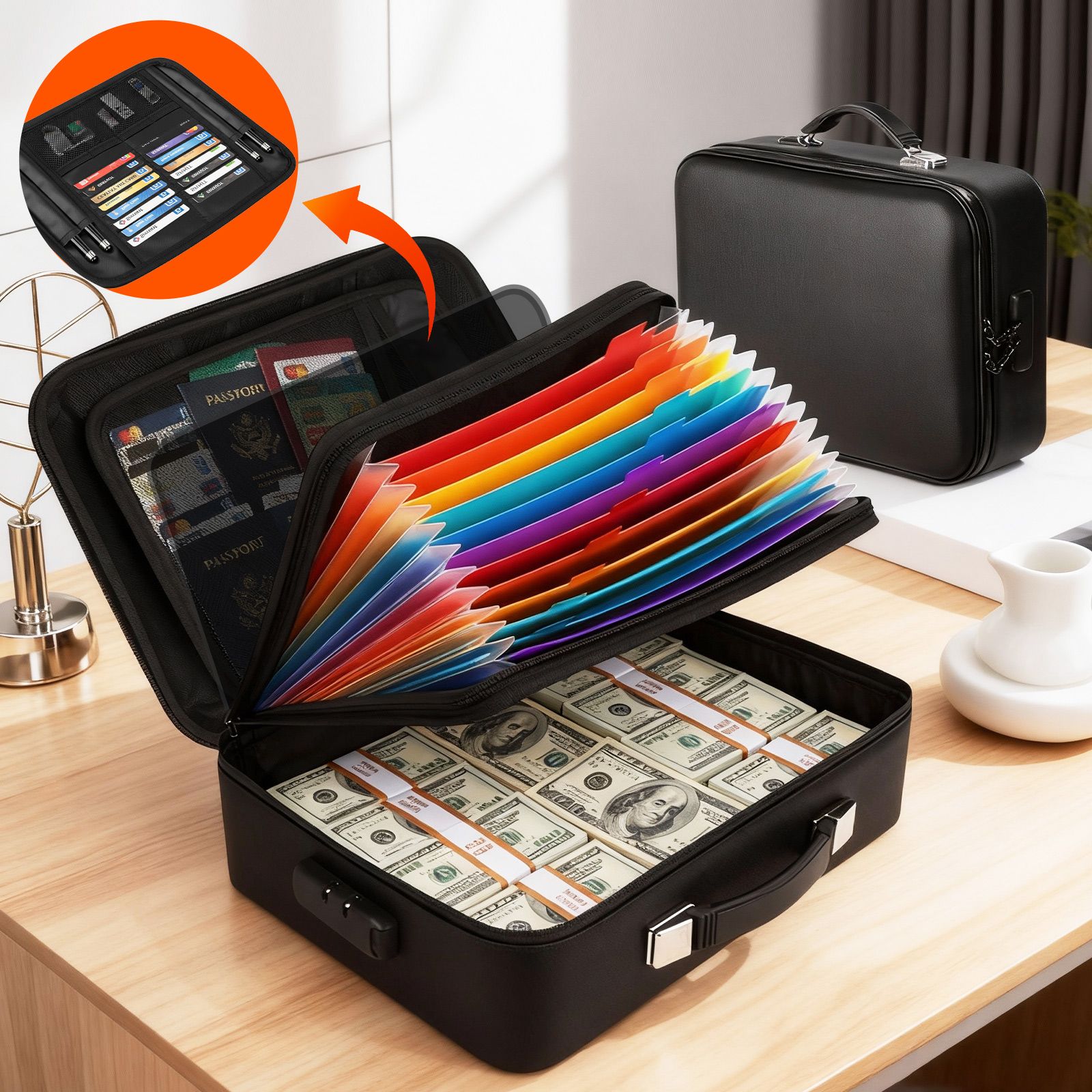 Fireproof Document Box with Combination Lock Fire Proof Waterproof File Organiser Home Travel Safe Hard Case Money Cash Storage Bag Portable Black