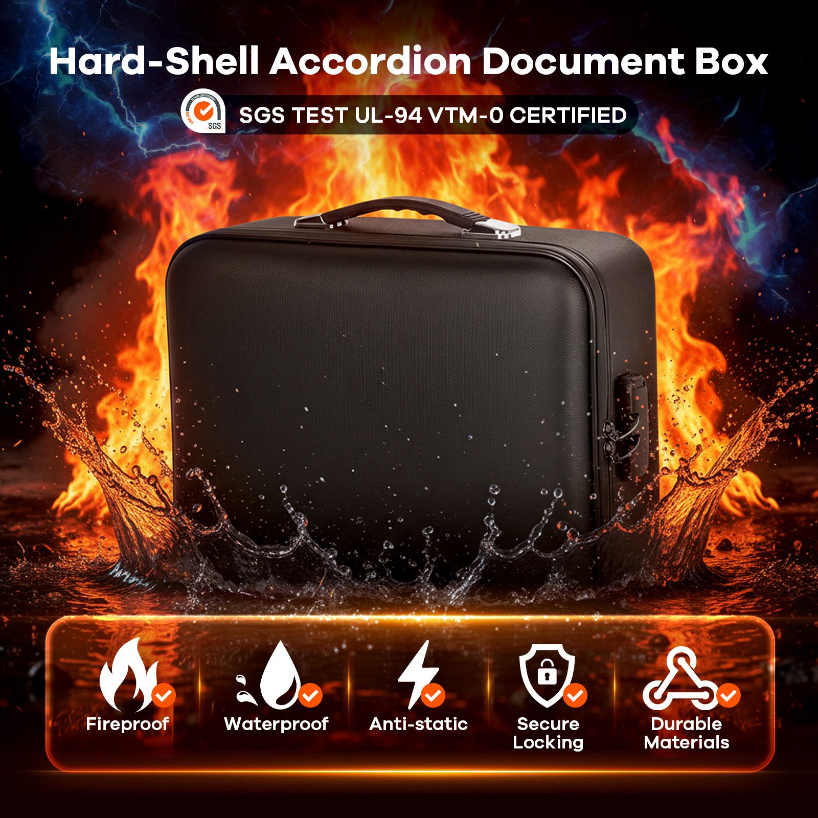 Fireproof Document Box with Combination Lock Fire Proof Waterproof File Organiser Home Travel Safe Hard Case Money Cash Storage Bag Portable Black
