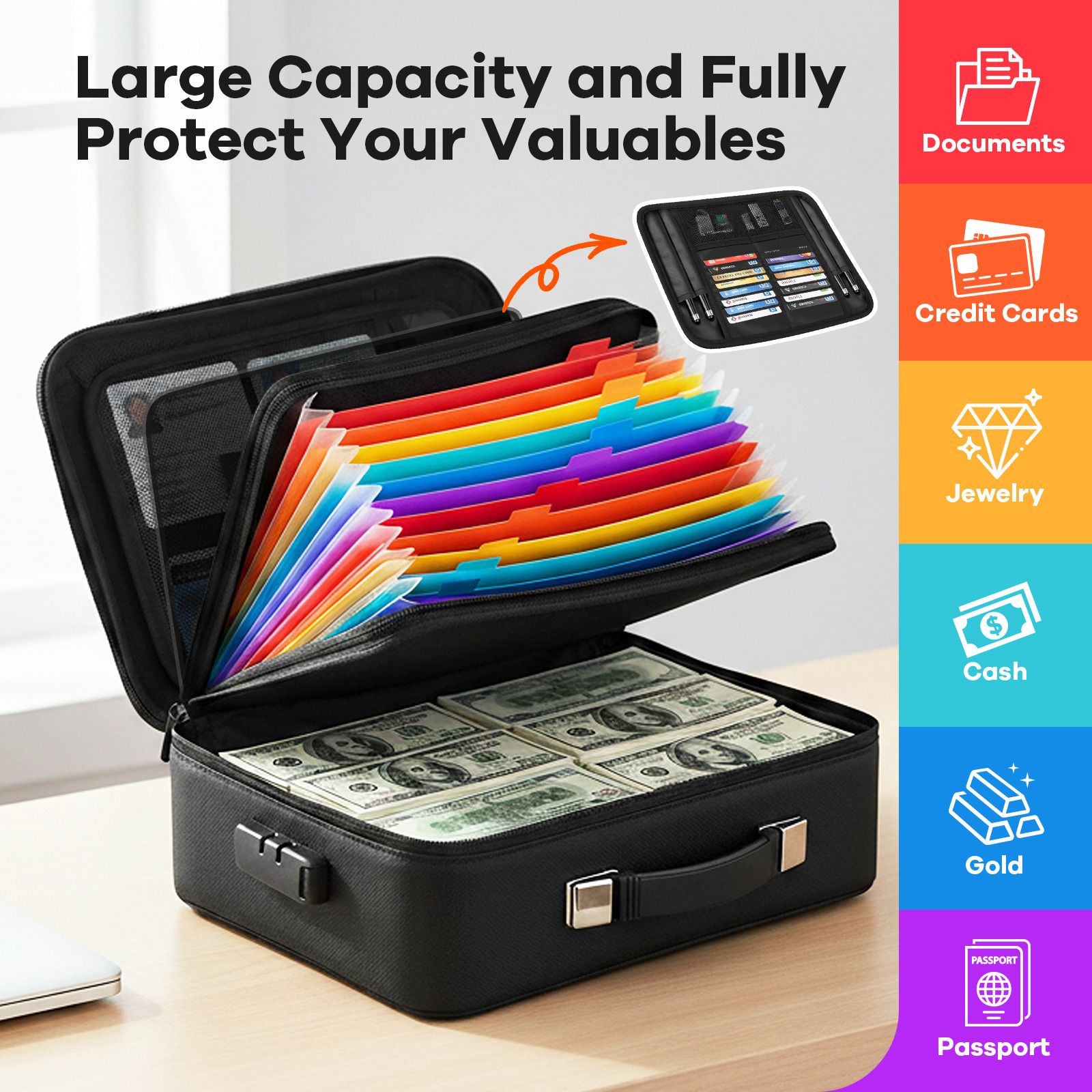 Fireproof Document Box with Combination Lock Fire Proof Waterproof File Organiser Home Travel Safe Hard Case Money Cash Storage Bag Portable Black