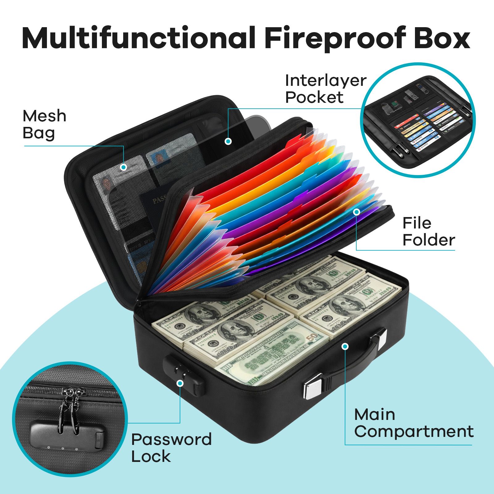 Fireproof Document Box with Combination Lock Fire Proof Waterproof File Organiser Home Travel Safe Hard Case Money Cash Storage Bag Portable Black