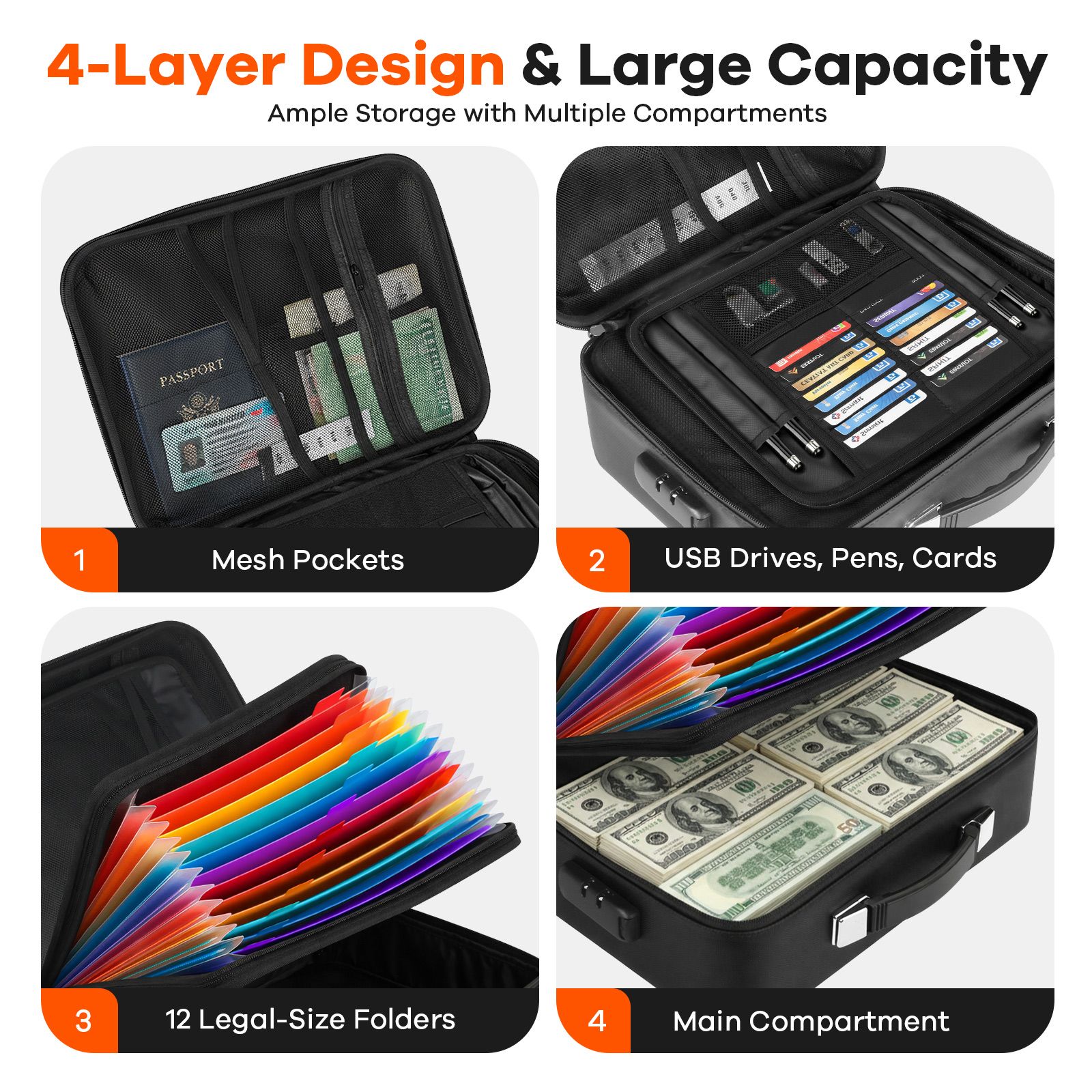 Fireproof Document Box with Combination Lock Fire Proof Waterproof File Organiser Home Travel Safe Hard Case Money Cash Storage Bag Portable Black