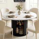 Round Dining Table 120cm Modern Kitchen Breakfast Coffee Room Accent End Desk Restaurant Office Furniture 2 Tier Storage Marble Tabletop Metal Base