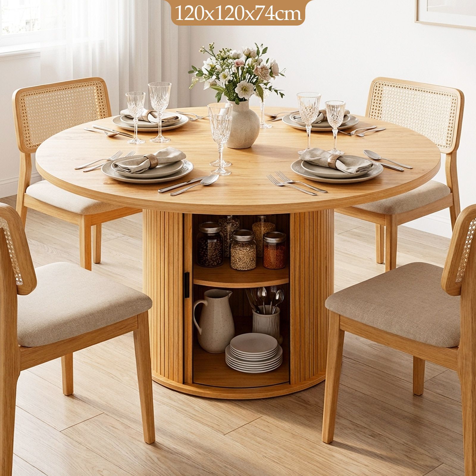 120cm Round Dining Table Farmhouse Kitchen Coffee Breakfast Diner Room Wood End Circle Office Furniture 2 Storage Shelf Metal Pedestal Base Oak Finish