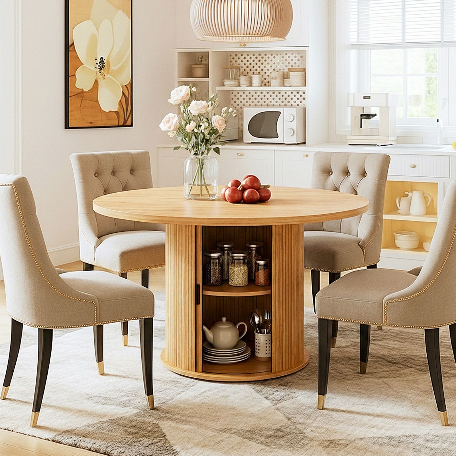120cm Round Dining Table Farmhouse Kitchen Coffee Breakfast Diner Room Wood End Circle Office Furniture 2 Storage Shelf Metal Pedestal Base Oak Finish