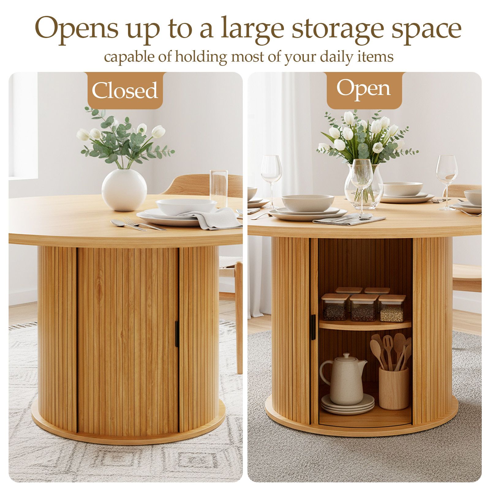 120cm Round Dining Table Farmhouse Kitchen Coffee Breakfast Diner Room Wood End Circle Office Furniture 2 Storage Shelf Metal Pedestal Base Oak Finish