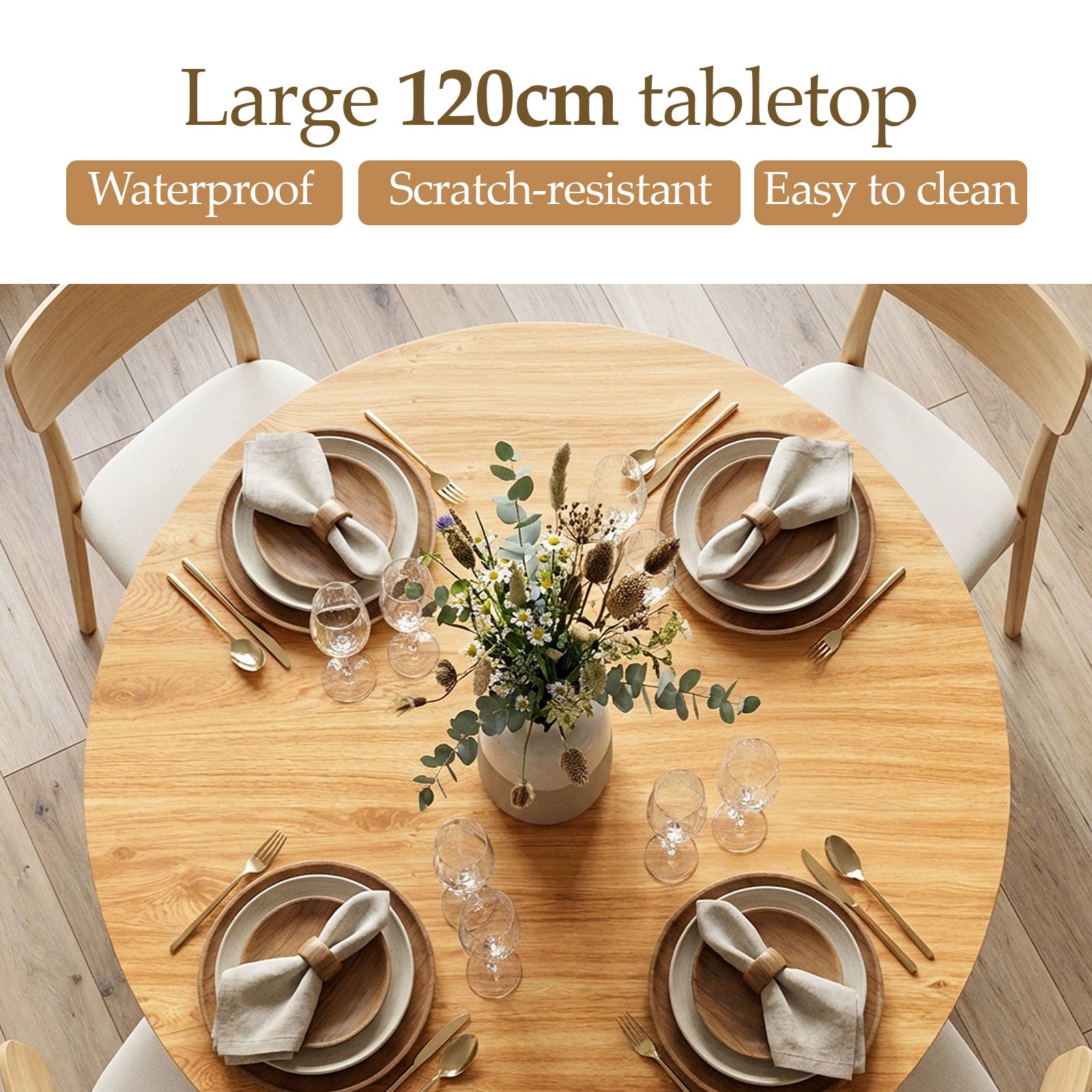 120cm Round Dining Table Farmhouse Kitchen Coffee Breakfast Diner Room Wood End Circle Office Furniture 2 Storage Shelf Metal Pedestal Base Oak Finish