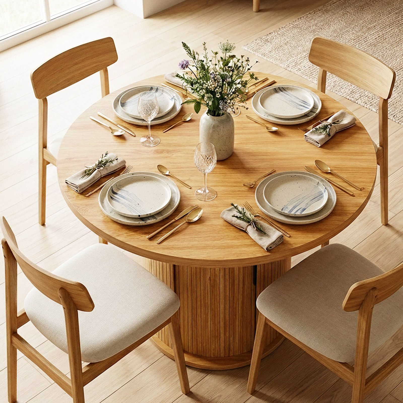 120cm Round Dining Table Farmhouse Kitchen Coffee Breakfast Diner Room Wood End Circle Office Furniture 2 Storage Shelf Metal Pedestal Base Oak Finish