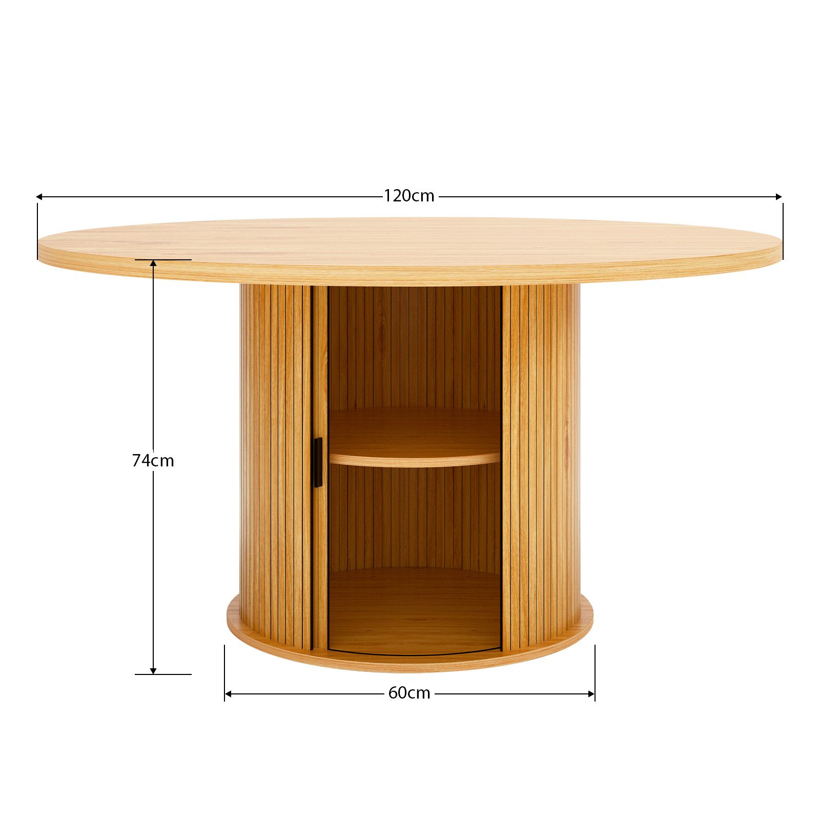 120cm Round Dining Table Farmhouse Kitchen Coffee Breakfast Diner Room Wood End Circle Office Furniture 2 Storage Shelf Metal Pedestal Base Oak Finish