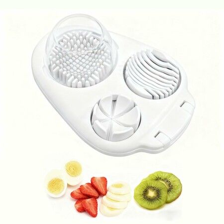 3 in 1 Egg Slicer for Hard Boiled Eggs, Multipurpose 3-Way Cutter with 3 Slice Modes, Hard Boiled Egg Cutter & Fruit Slicer White