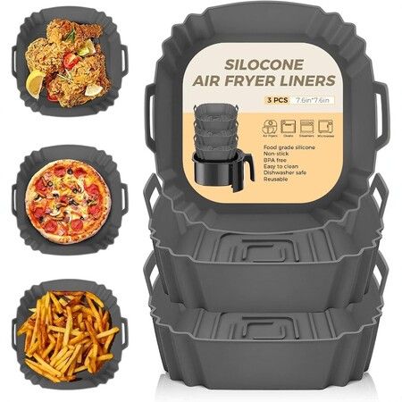 3Pcs Reusable Food-Grade Silicone Air Fryer Liners, Silicone Air Fryer Basket Liners, Baking Pot Basket, Air Fryer Accessories